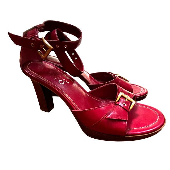 Franco Sarto red leather platform high heels sandals gold buckles US 8M - Picture 2 of 12
